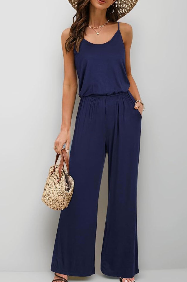 Women's Summer Jumpsuits Sleeveless Wide Leg Pants Casual Playsuit With Pockets