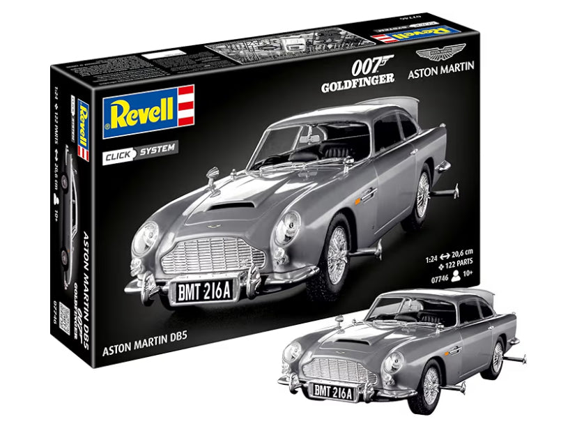 Revell 07746 James Bond Aston Martin DB5 (Click System) 1:24 Scale Unbuilt, Pre-Coloured, Click-Together (Non-Glue), Plastic Model Kit