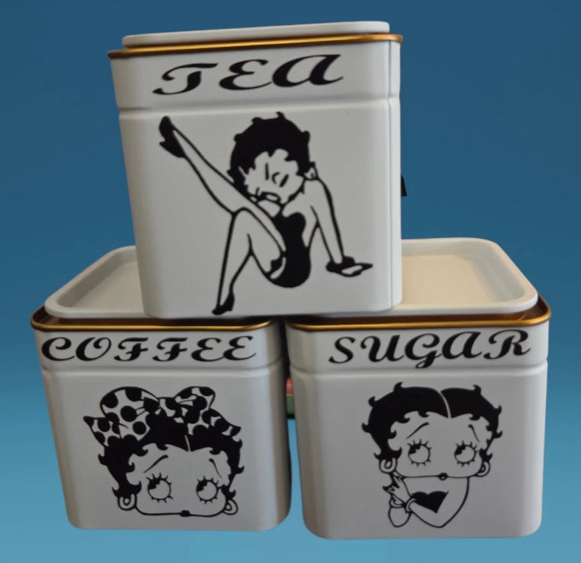 Betty Boop Handcrafted Themed Tea Coffee And Sugar Storage. White or Pink Tins