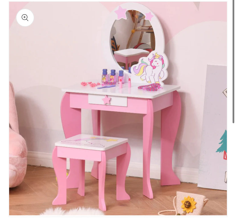Kids Dressing Table, Girls Vanity Set w/ Mirror and Stool