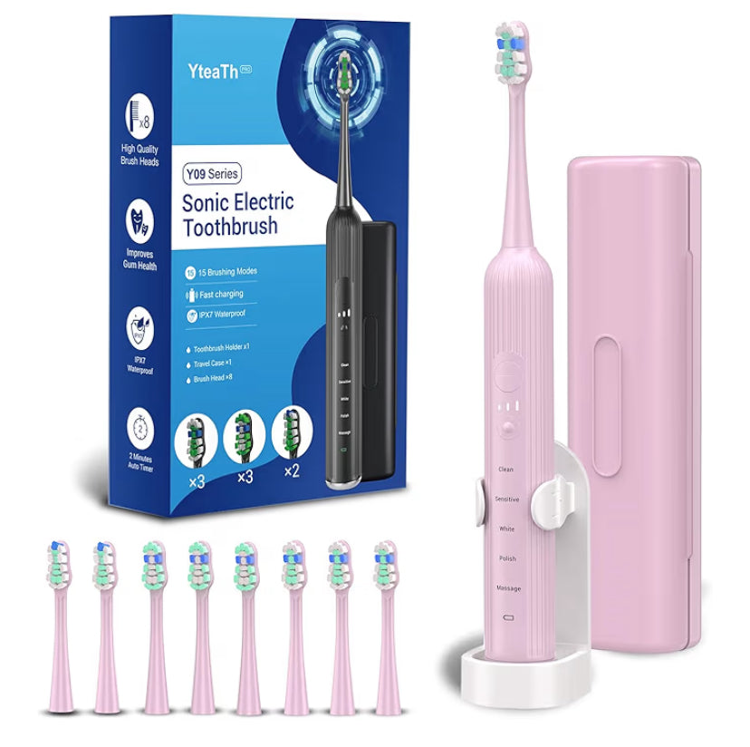 IPX7 Waterproof Sonicare Electric Toothbrush, 2-Hour Fast Charge with Intelligent Time Reminder, 5 Modes, 8 Brush Heads, Travel, Indoor, Outdoor, Blue