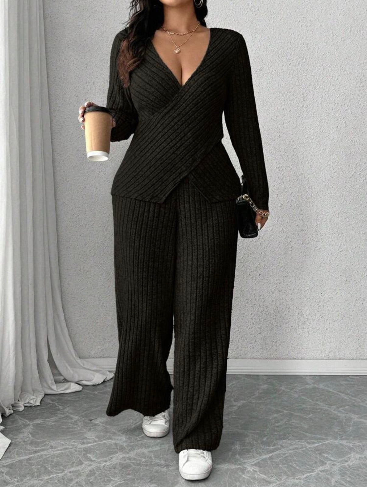 Soft Knit Ribbed Fabric Criss-Cross Wrap Long Sleeve T-Shirt + Soft Ribbed Wide Leg Pants