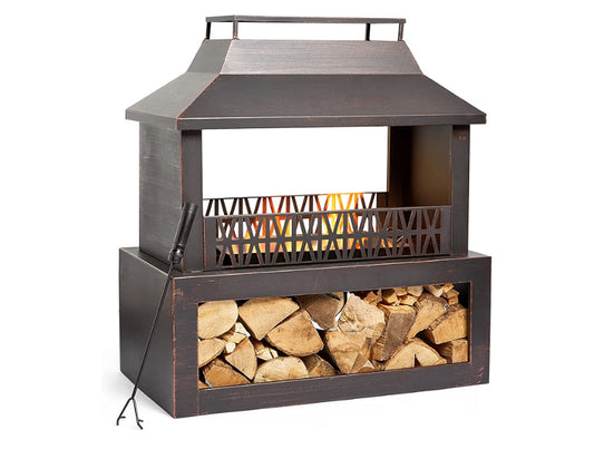 VonHaus Outdoor Fireplace, Fire Pit with Log/Wood Store for Garden, Patio, Fuel with Wood, Logs, Charcoal, Brushed Metallic Finish, Geometric Design, Steel, Weather Resistant, Includes Fire Poker