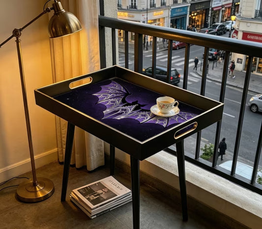 Multifunctional Square Side Table - Glass Printed Purple and Silvery Gothic Bat Cathedral Pattern Side Table
