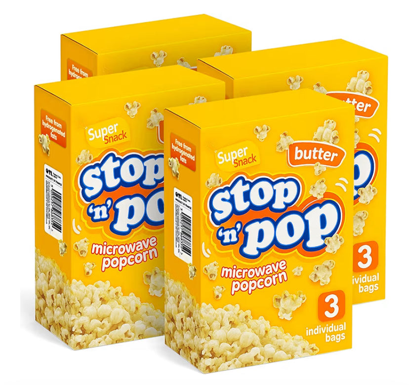 SOL 12pk x 85g Stop 'n' Pop Microwave Popcorn, Butter Flavoured Pop Corn Kernels, Ready in Minutes Tasty Snack for Family Movie Nights, Easy to Prepare, Ideal for Sharing Fun Moments at Home