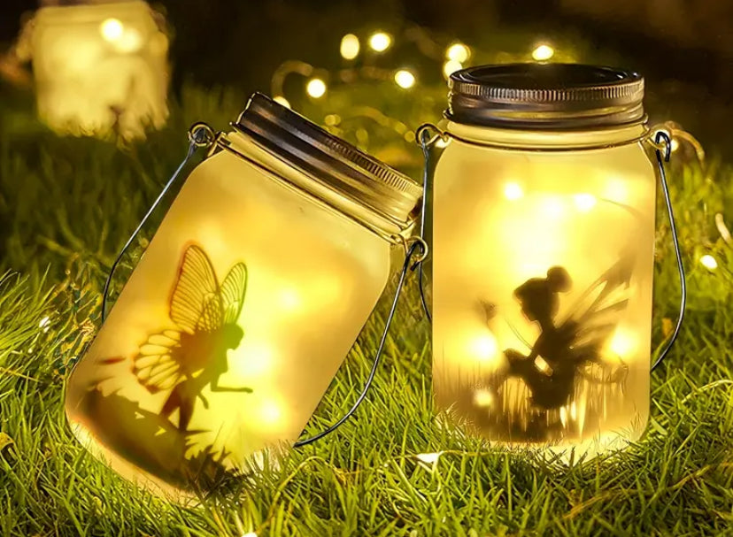 Solar- Outdoor/ - Lantern with Silhouette & Glowing Panels, Portable Solar Chandelier for Garden,, Camping, Lawn - Night Light x2