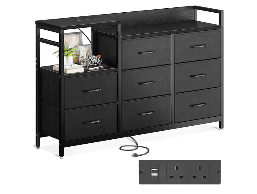 Chest of Drawers Bedroom, Contains 2 USB & 2 AC Ports Sockets, Storage Dresser with 8 Fabric Drawers Suitable for Bedrooms, Living Rooms