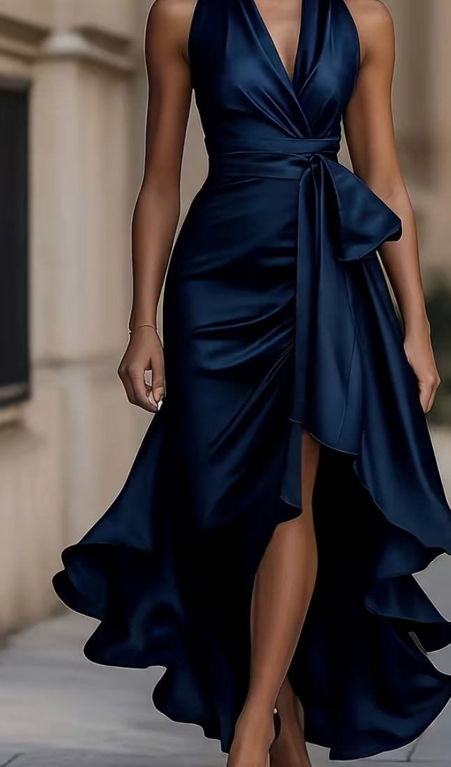 High-End Solid Color V-Neck Halter Design with a Cinched Waist And Irregular Ruffled High-Slit Dress