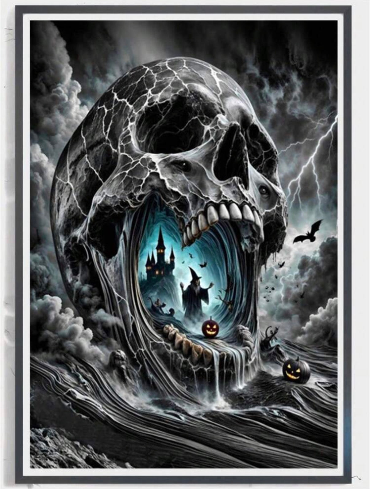 1pc, Diamond Painting Kit, Dark Halloween Theme Diamond Art Skull With Hidden Magic Castle Wizard Pumpkin Lantern Scene