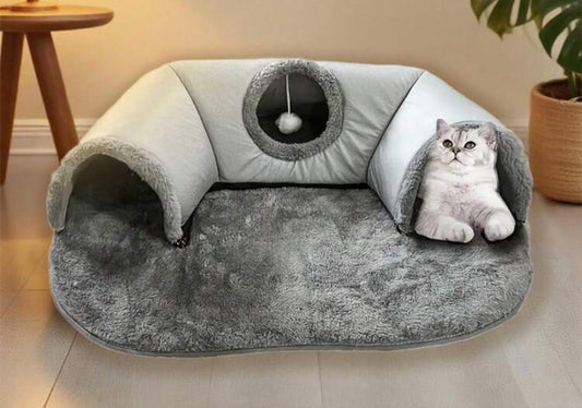 3-In-1 Cozy Cat Tunnel Bed - Play Mat & Warm Nest With Non-Slip Base For Small To Medium Cats, Rabbits & Hamsters