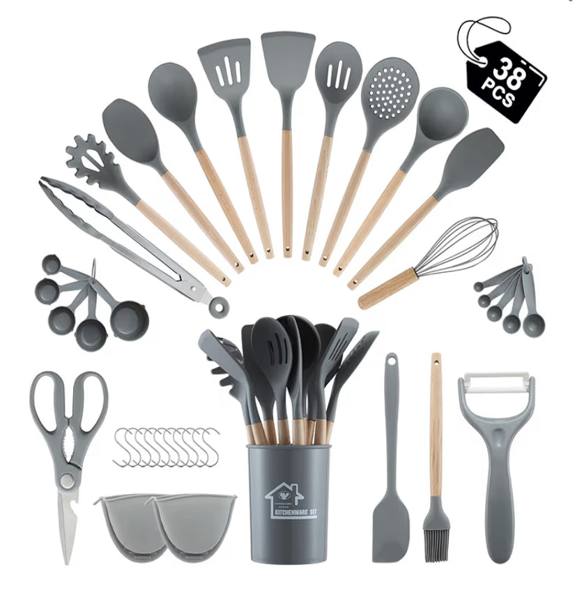 38 Pieces Kitchen Utensils Set, BEWOS Silicone Cooking Utensils Set with Spatula, Utensil Holder and Measuring Spoons, Nonstick Heat Resistant, Black Kitchen Gadgets, Stainless Steel Handle