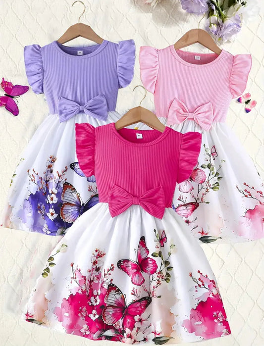 3pcs Set Summer Girls' Floral Print Round Neck Bow A-Line Dress
