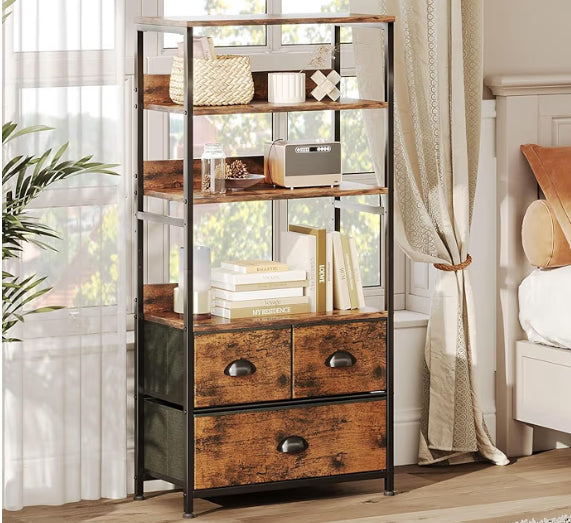 VERMESS 4-Tier Industrial Bookshelf with 3 Fabric Drawers, Storage Shelf, Bookcase with Doors, Adjustable Free Standing Display Shelf, Ladder Shelf Unit for Living Room, Office, Bedroom