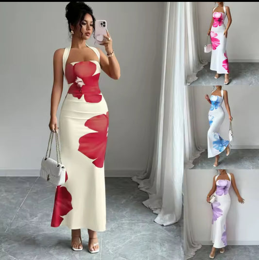 New Popular Neck Halter Long Dress Hip-wrapped Printed Dress