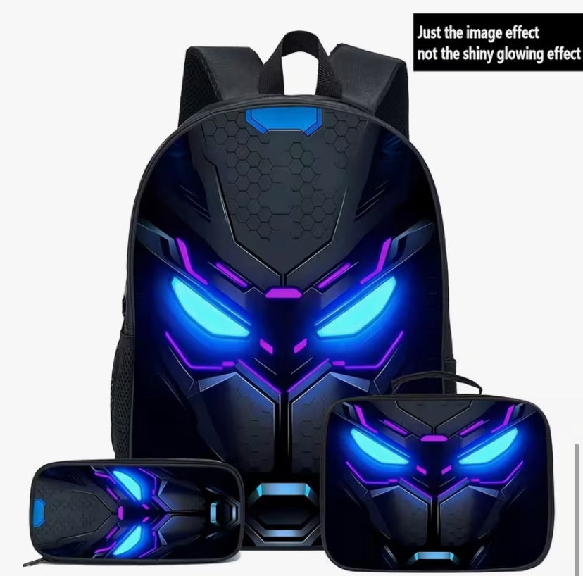 3pcs Cyberpunk Kids Student Casual Backpack Set, Heavy Fiber School Bag, Laptop Bag And Accessory Pouch, Adjustable Thickened Shoulder Straps And Reinforced Zipper
