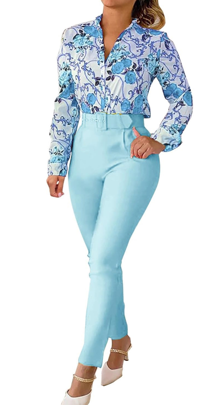 Leisure Wear Sets for Women Uk 2 Piece Outfits Floral Elegant Tracksuit Stand Collar Long Sleeve Shirt High Waisted Trousers