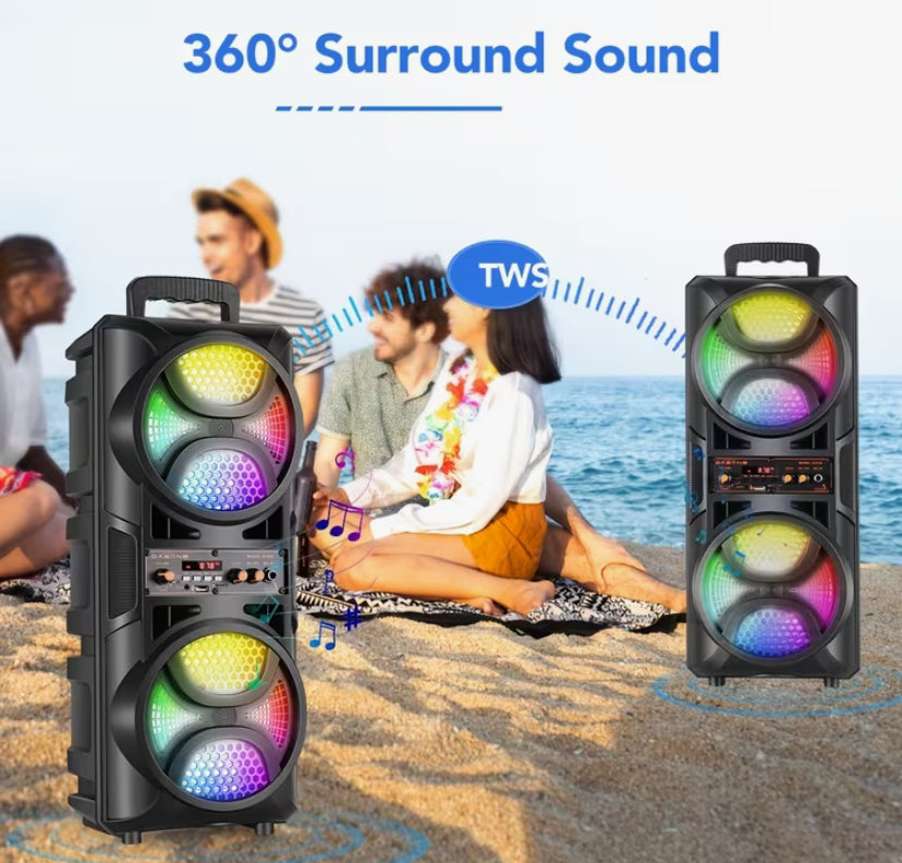 Portable Wireless PA Speaker Featuring Dual 16.51cm Speakers with a Subwoofer for Deep Bass. This Rechargeable Audio System Is Suitable for Both Indoor And Outdoor Use
