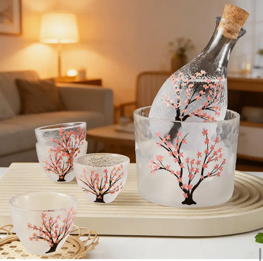Pink Vintage Cherry Blossoms Design Decanter Set with 1 Sake Pot And 1 Sake Tank