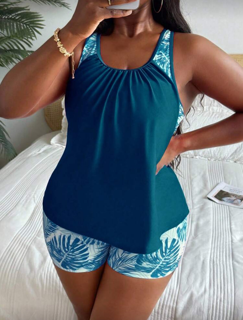 Swim Lushoire Plus Size Women Random Print Tankini Top And Shorts 2 Pieces Swimsuit Set