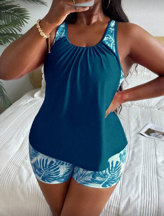 Swim Lushoire Plus Size Women Random Print Tankini Top And Shorts 2 Pieces Swimsuit Set