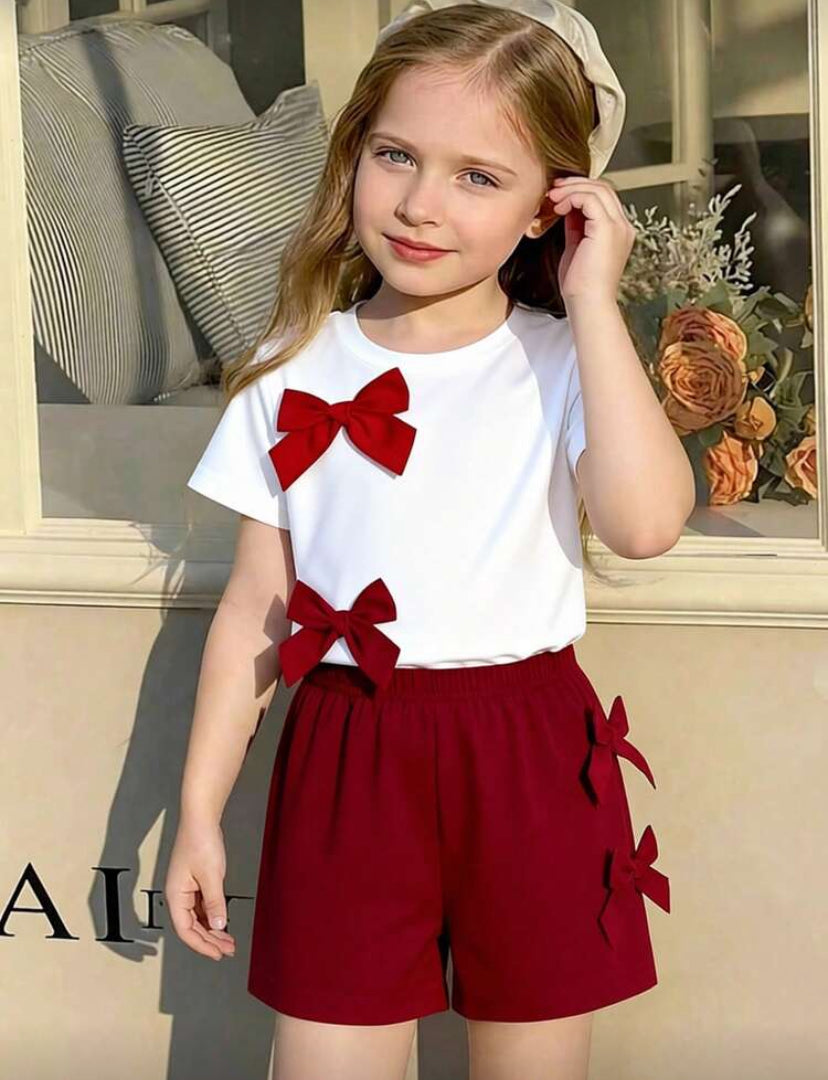 2pcs/Set Girls Casual Cute Daily Round Neck Short Sleeve Cropped Tee With 3D Bow Decor And Elastic Waist Shorts Girls Cute Set