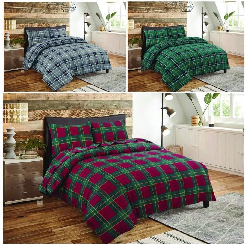 Flannelette Tartan Thermal 100% Brushed Cotton Quilt Duvet Cover Cosy Bed Set