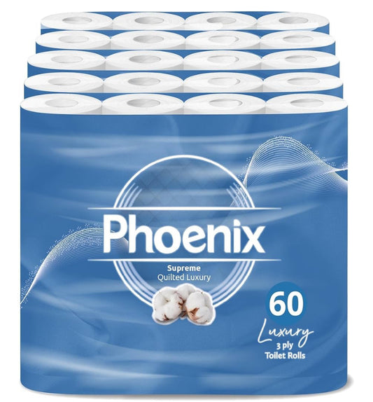 Phoenix Toilet Rolls – 60 Pack  3 Ply Supreme Unscented Toilet Paper Bulk Buy, Soft, Quilted, Sustainably Sourced, Eco- Friendly Luxury Bathroom Tissue