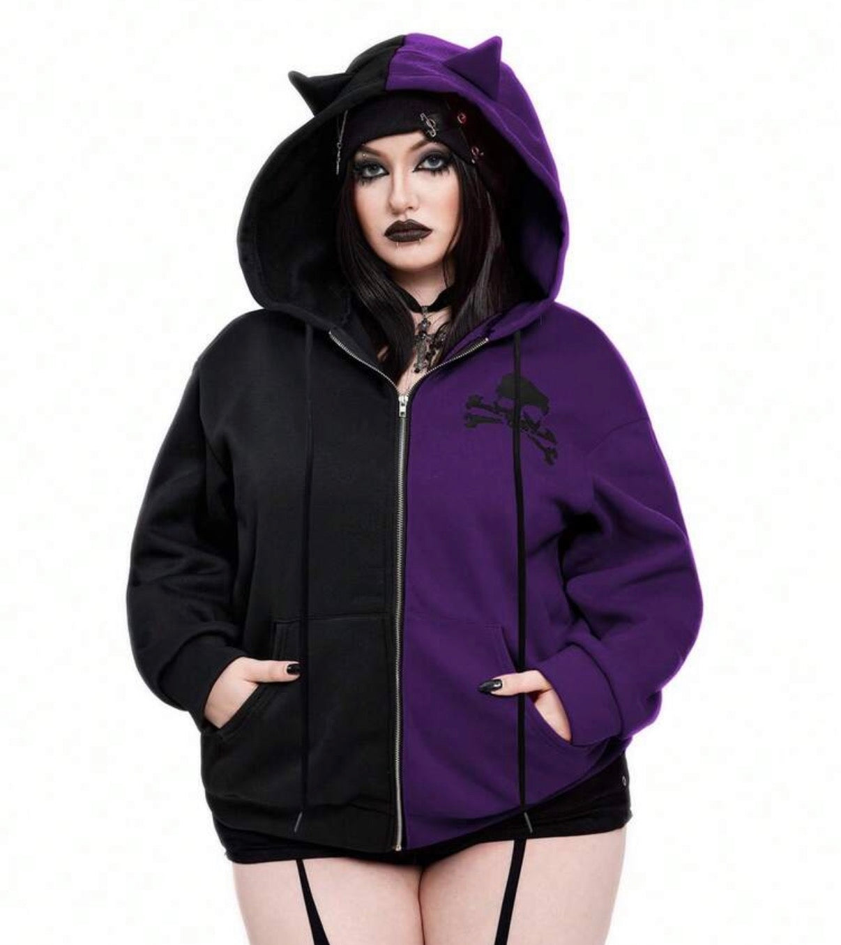 Plus Size Dark Kitty Ear Sweatshirt Jacket, Skull Print Colorblock Black & Red Fall