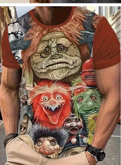 Men's 3D Graphic T-Shirt- Vibrant Monster Design, Cartoon Character, Red Casual Crew Neck T-Shirt.