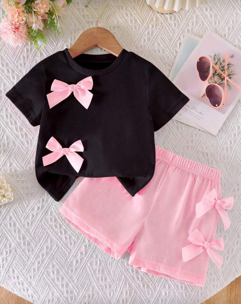 2pcs/Set Girls Casual Cute Daily Round Neck Short Sleeve Cropped Tee With 3D Bow Decor And Elastic Waist Shorts Girls Cute Set