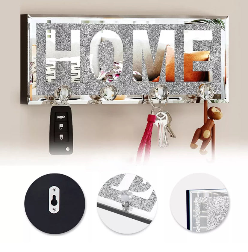 Bling Crushed Diamond Crystal Mirrored HOME Wall Art Plaque with 4 Hanger Hooks