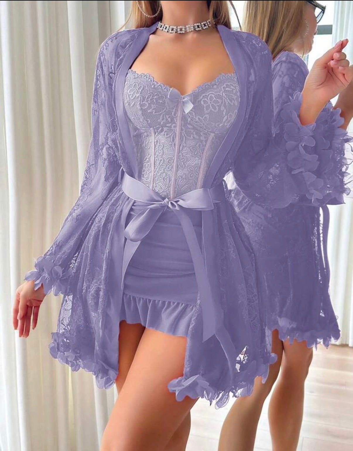 3D Floral Decor Lace Robe + Boning Waist Design Lace Cami Nightgown 2pcs Set