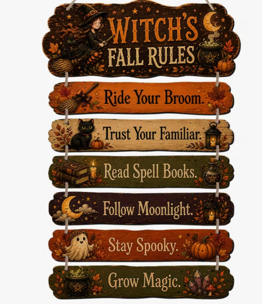 2D Flat, 7pcs/set Rustic Wooden Hanging Signs - Witch's Fall Rules Wall Decor with Black Cat & Pumpkin Plaque