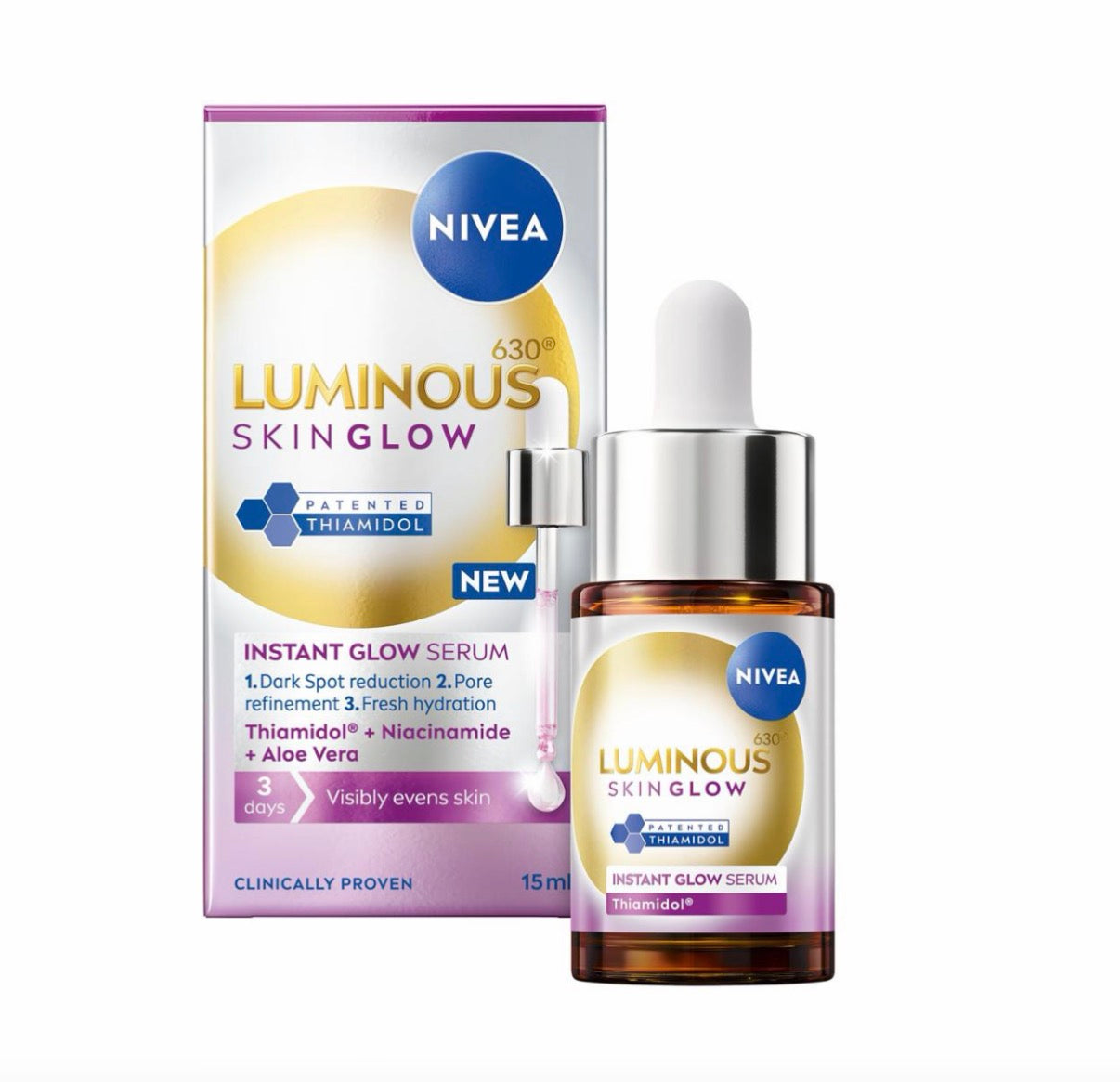 NIVEA Luminous 630 Even Glow Serum with Thiamidol 15ml, Serum for Face with Niacinamide and Aloe Vera, Refines Pores and Hydrates for Clear and Glowing Skin