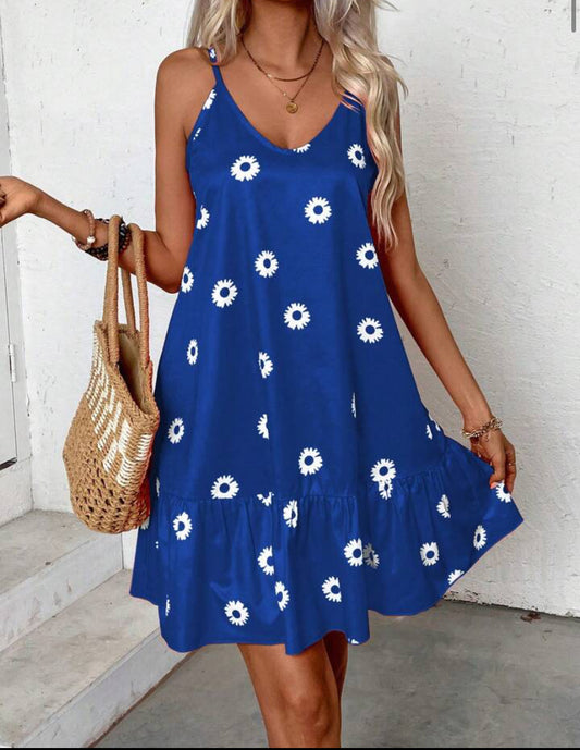Women's V-Neck Backless Floral Printed Ruffled Hem Dress