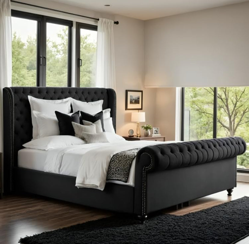 Loxly Chesterfield Royal Sleigh Bed Frame, Plush Velvet Upholstery, with Mattress/Gas Lift Option, UK Made