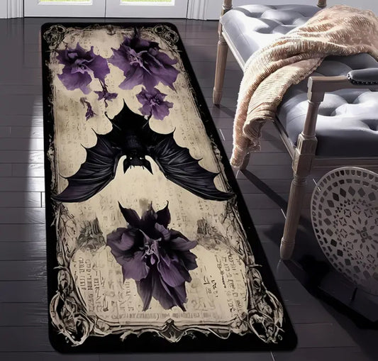 -2D Retro Dark Style Corridor Carpet, Printed with Bat And Purple Floral Patterns