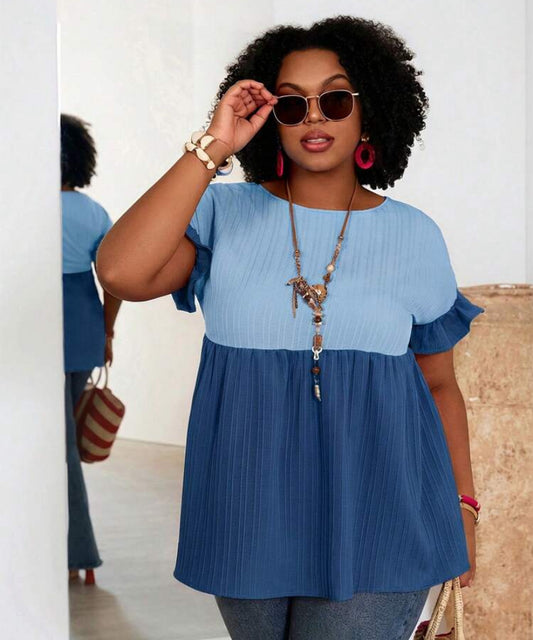 Plus Size Women Contrast Color Round Neck Loose Fit Smock Blouse,Country Casual Vacation Woman