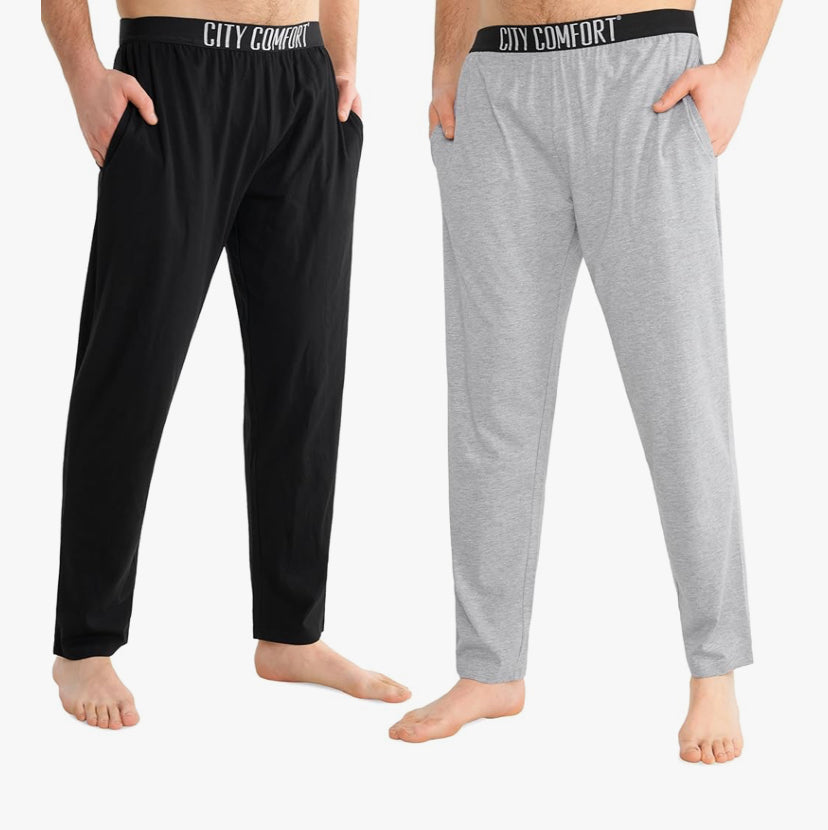 CityComfort Mens Pyjama Bottoms - Jersey Lounge Pants with Pockets, Pack of 2