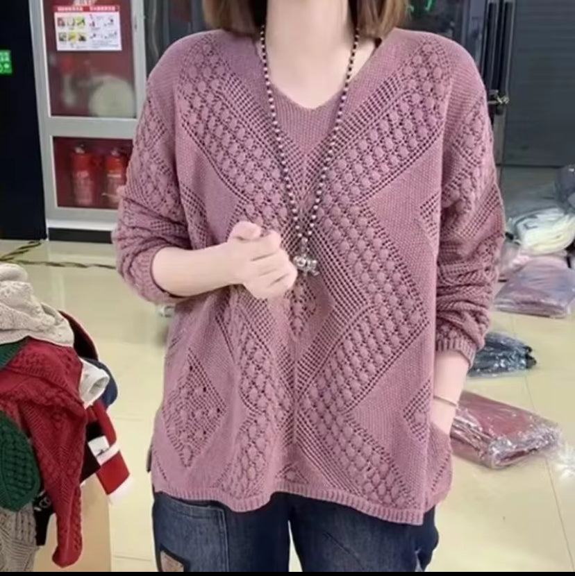 Fashionable Korean Style Loose-Fit Hollow Knitted Top Women's Sweater