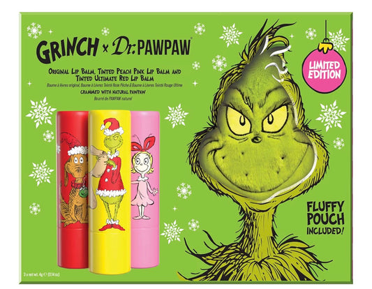 Dr.PAWPAW x The Grinch Lip Balm Gift Set 3 x 4g with Pouch, Original Peach Pink and Ultimate Red Balms, Pawpaw Infused Hydrating and Tinted Lip Care, Vegan Gift Set