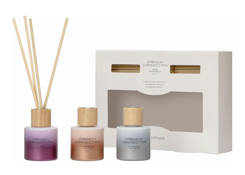 French Connection Scented Reed Diffuser Gift Set - 3 X 50ml,Candle Giftset for Women,Long-Lasting Fragrance Oil Diffuser,Lavender, Peony,Truffle -Aromatherapy for Bathroom, Kitchen & Living Room