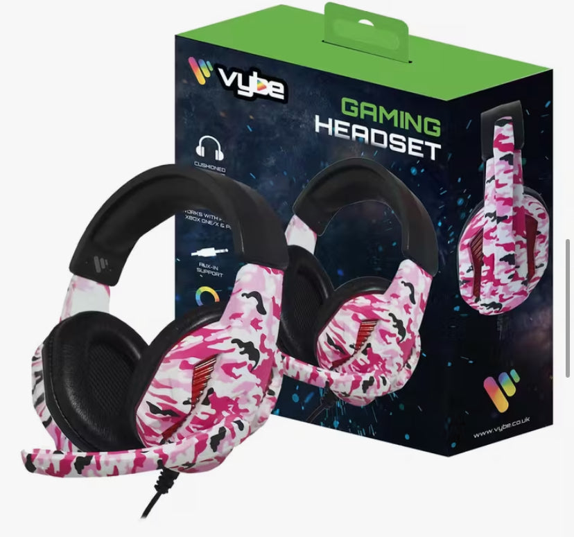 Vybe Headset Camo Design for PS, Xbox & PC Gaming with AUX-in Support, Diva Pink