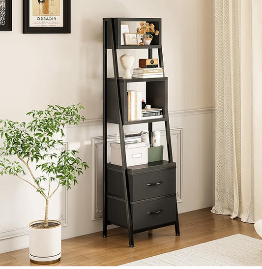 Coleshome Book Shelf, Narrow Bookcase with 5 Shelves and 2 Fabric Drawers, Bookshelf Suitable for Bedroom, Office, Living Room, 39 x 28.5 x 157 cm, Black