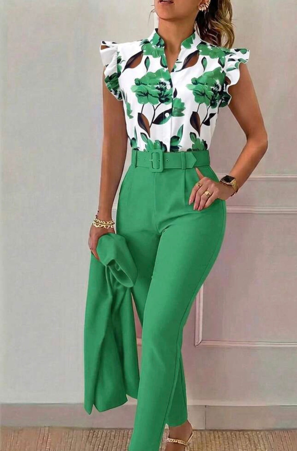 2pcs Women Summer Casual Floral Print Cap Sleeve Blouse And Solid Color Pants Set