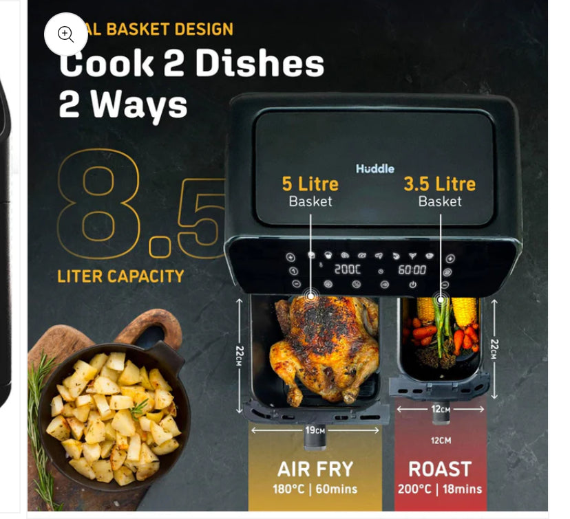 8.5L Premium Dual Basket Air Fryer - 1 Year Cover - Save on your Annual Energy Bill - UK Design with Innovative Match Cooking Technology™ - Faster, Cheaper, Oil Free Cooking