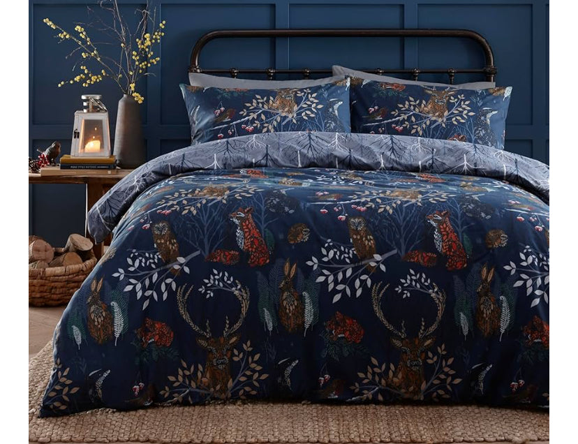 furn. Forest Fauna Woodland Duvet Set – Reversible Nature Inspired Bedding with Animal Print, Soft Polycotton, Machine Washable (Emerald – King)