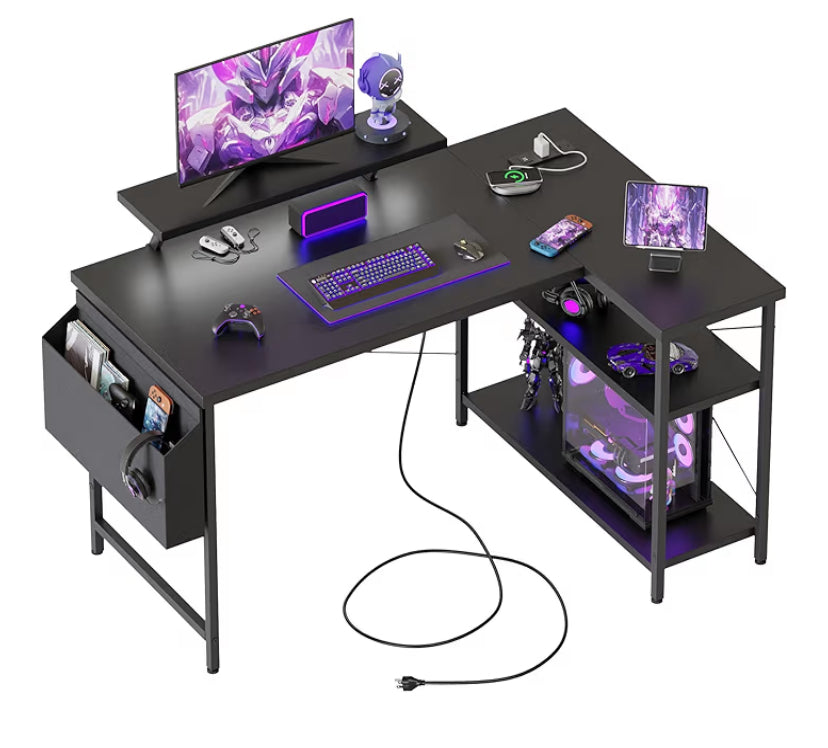 Mericonia L-shaped desk, 120x70cm gaming table with 2 storage compartments and LED, computer desk with monitor stand, reversible corner desk for home office, Black