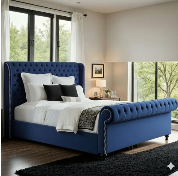Loxly Chesterfield Royal Sleigh Bed Frame, Plush Velvet Upholstery, with Mattress/Gas Lift Option, UK Made