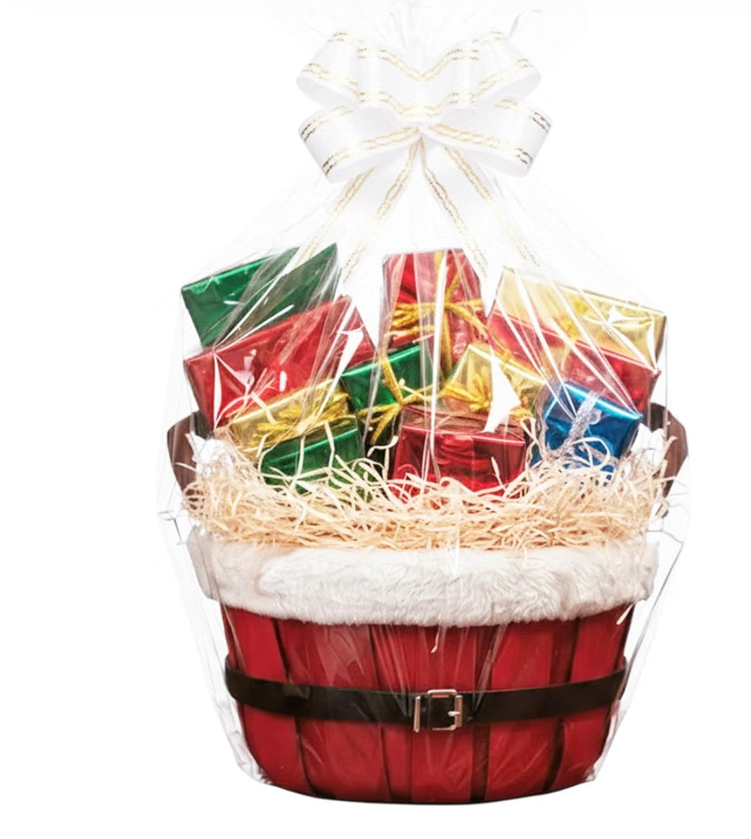 H-Line Christmas Hamper Basket Round Wicker Gift Hampers Santa Style Split Willow Basket with Faux Fur Edging Make Your Own Hamper Kit with Cellophane Wood Shred Bow Set for Christmas (Oval, Medium)